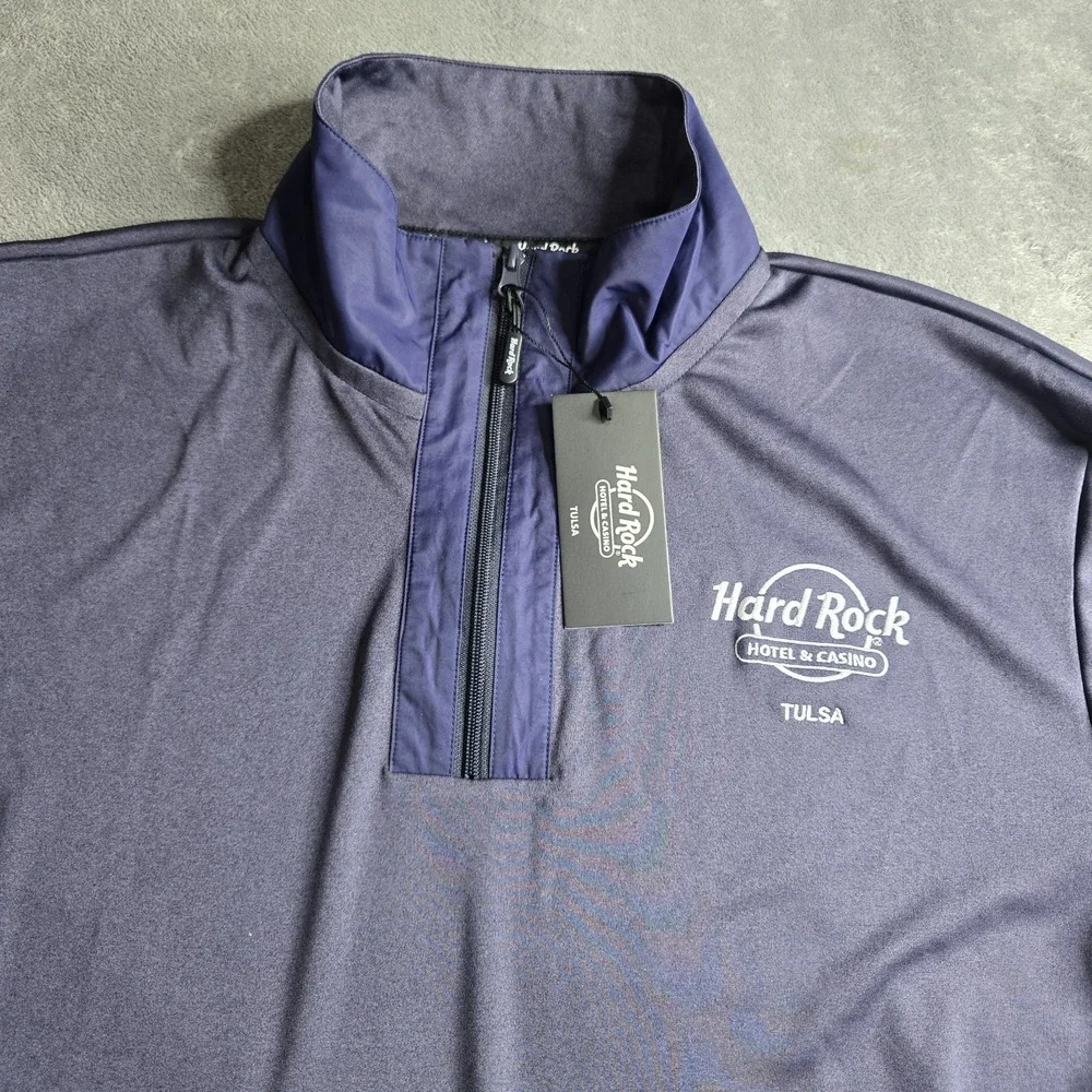 NWT Hard Rock Performance 1/4 Zip Mens 2XL Blue L/S Tulsa Oklahoma Stretch